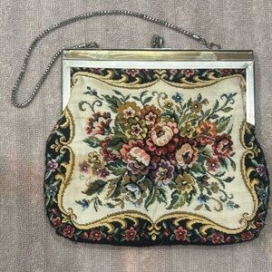Vtg Floral Tapestry Evening Bag Needlepoint Style Clutch Purse w/ Chain Strap